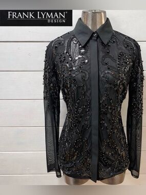 FRANK Lyman Design Collection Beaded Mesh Black Blouse - Size S